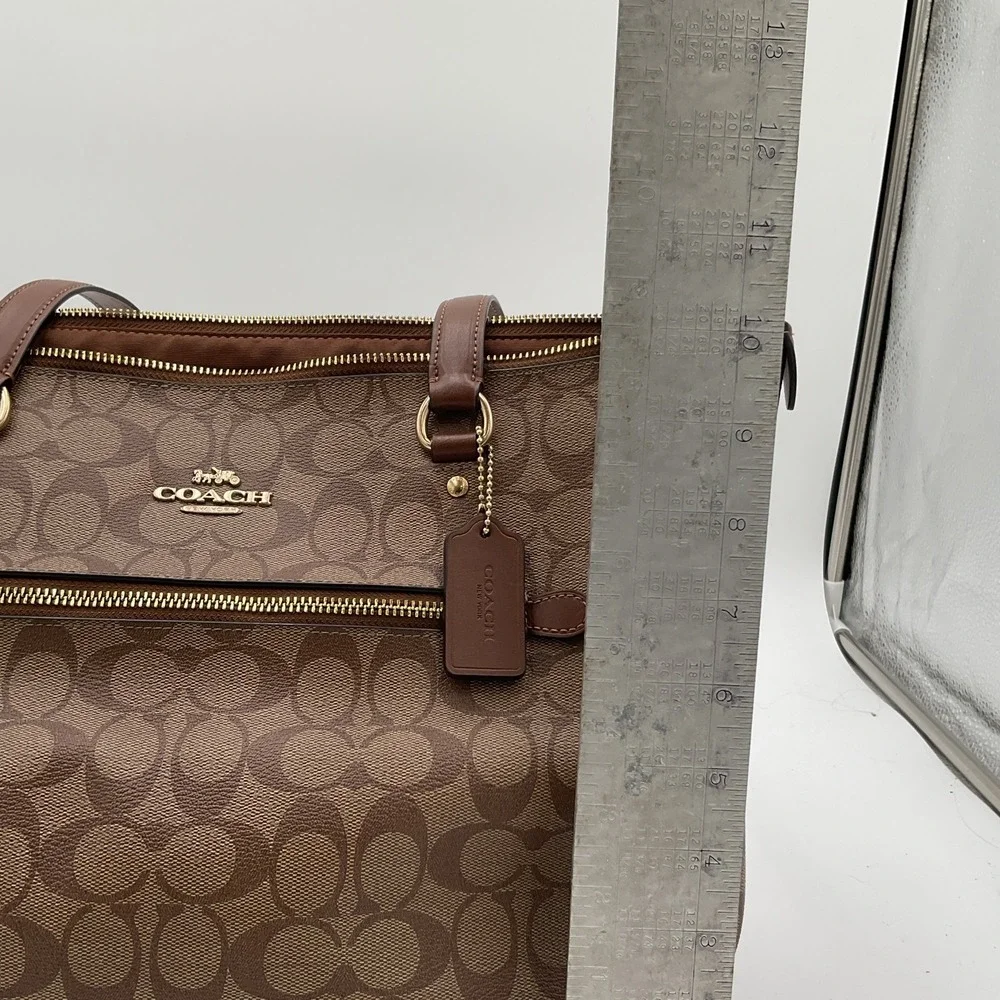 Coach Signature Zip Top Tote Bag Brown Khaki Canvas Leather Shoulder Purse